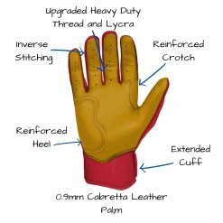 Bruce Bolt PREMIUM PRO Short Cuff Batting Gloves: Red -Fielding Gloves Sales Store SC REDG PALM CALLOUTS